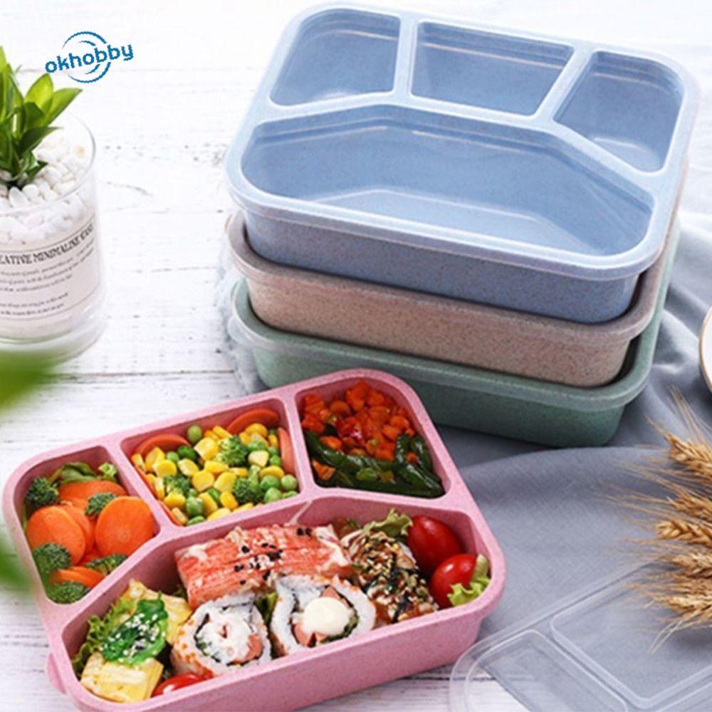 OKHOBBY Jakes กล่องอาหารกลางวันสไตล์, ช่องพลาสติกหลากสี Bento , เตาอบไมโครเวฟ 4 กริด ภาชนะใส่อาหารรั