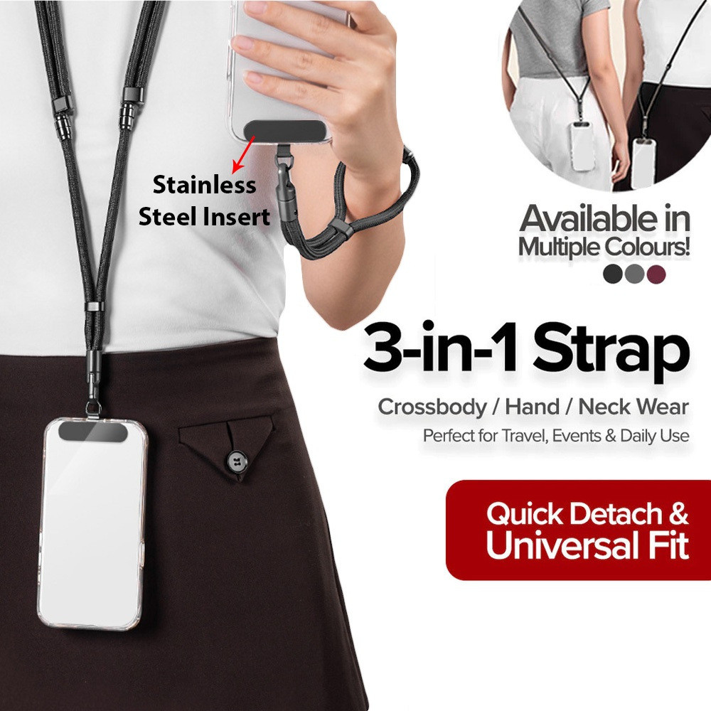 3-in-1 Moile สายคล้องโทรศัพท์แขวนเชือกแข็งแรงใช้งานร่วมกับ iPhone ปรับคอ rop สายรัดข้อมือสําหรับ And