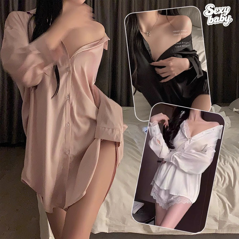 🩷sexy baby🩷เซ็กซี่ เชิ้ตแขนยาว ชุดนอนผู้หญิง วัสดุผ้าซาติน ทรงหลวม ทรงหลวม เปิดหลัง ใส่สบาย หลายสี