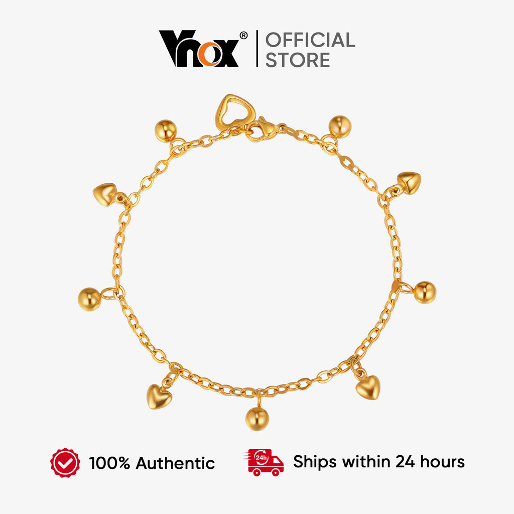 สร้อยข้อมือ Vnox หัวใจพร้อมกระดิ่งสแตนเลสชุบทอง สำหรับผู้หญิงและสาวๆ