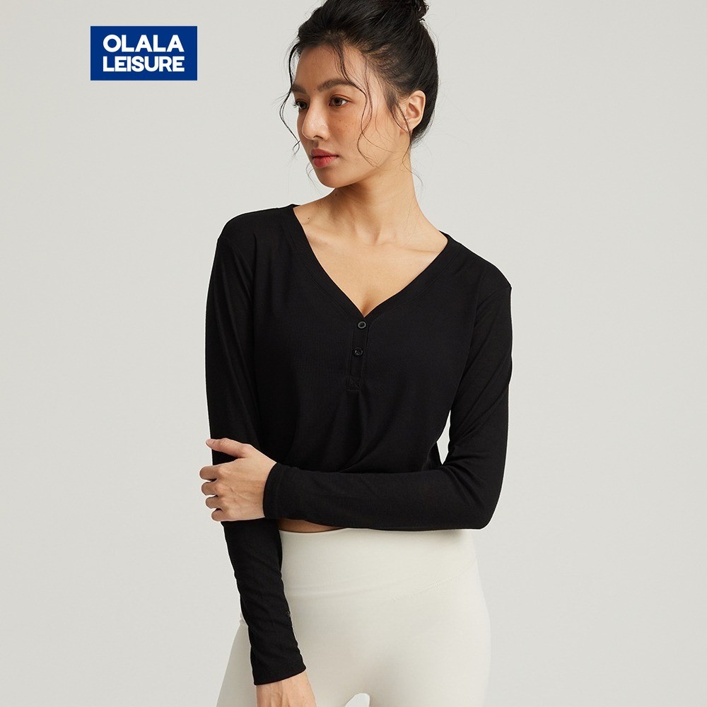OLALA LEISURE เสื้อครอปท็อปแขนยาว คอวี แบบแห้งเร็ว เหมาะกับใส่เล่นโยคะ สไตล์สปอร์ต