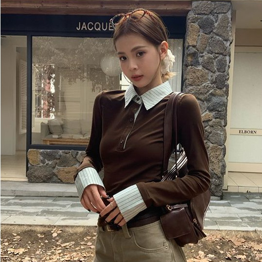 เสื้อยืดแขนยาวผู้หญิง ลายทางแนวเรโทร ทรงกระแทรก เหมาะสำหรับฤดูใบไม้ร่วง