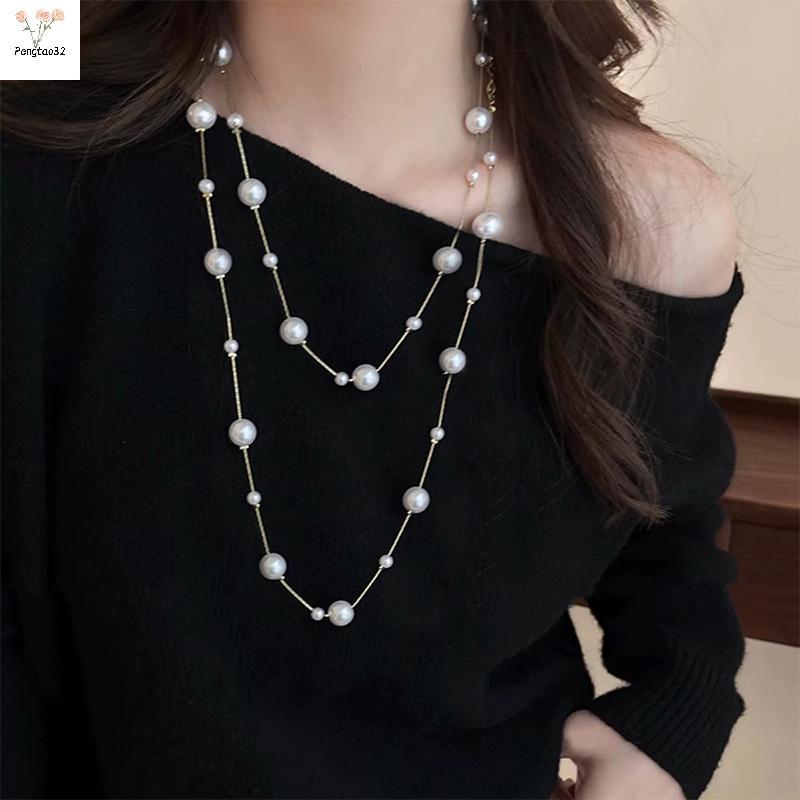 [pes] สร้อยคอสเวตเตอร์มุกจําลองสองชั้นหรูหราสําหรับผู้หญิงคอปกหญิงสร้อยคอโซ่ยาว [VN]