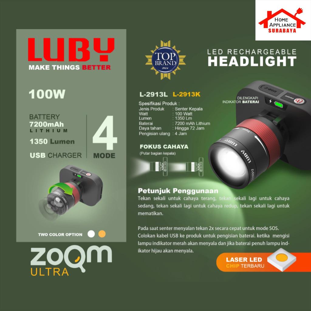 LUBY Headlamp Senter Kepala Cas LED Zoom Ultra 100W 7200mAh L-2913L Cahaya Putih / L-2913K Kuning Ta