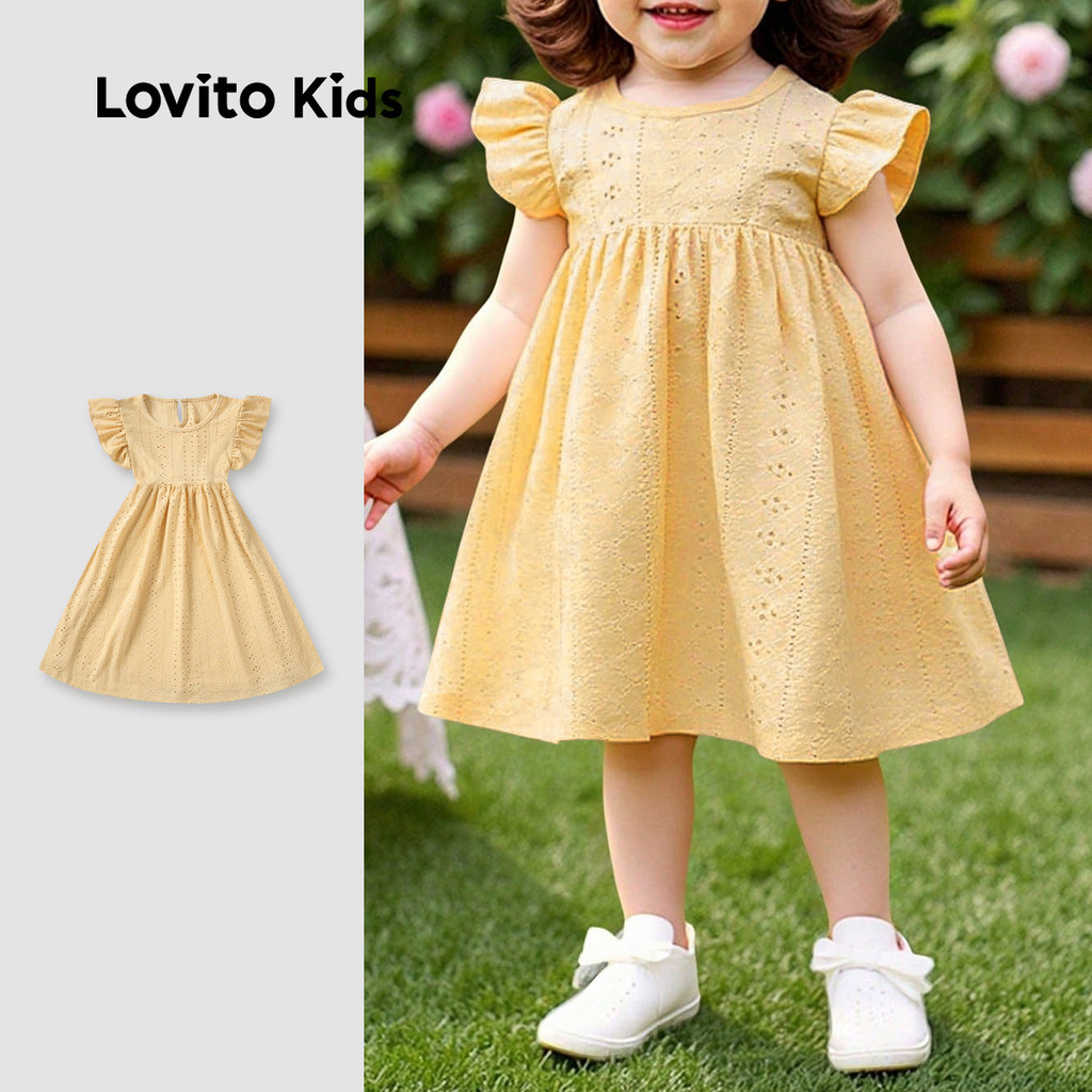 Lovito Kids ชุดเดรสน่ารัก ผ้าปาดเศษ ช่วงฤดูใบไม้ผลิ/ฤดูร้อน เดรสสีเหลือง สำหรับเ