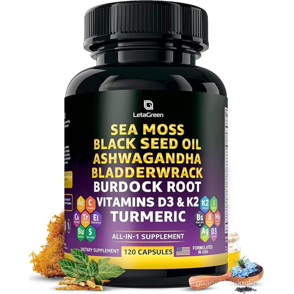 Sea Moss Black Seed Oil Ashwagandha Bladderwrack Burdock Turmeric & Vitamin C, D3, K2 with ACV Elder