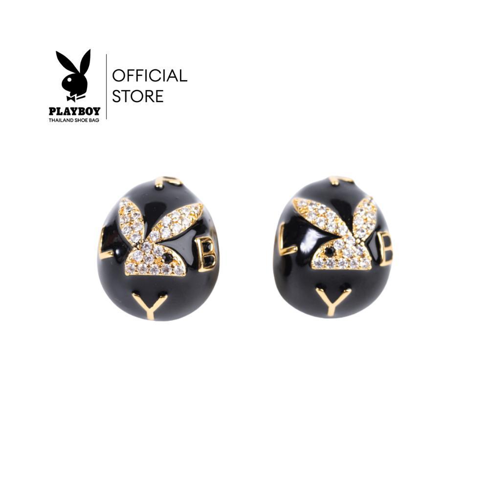 PLAYBOY Accessories เพลย์บอย รุ่น ST-254E370CB ต่างหูทรงกลมสีดำเงา + โลโก้กระต่าย PLAYBOY ฝังคริสตัลสีทอง