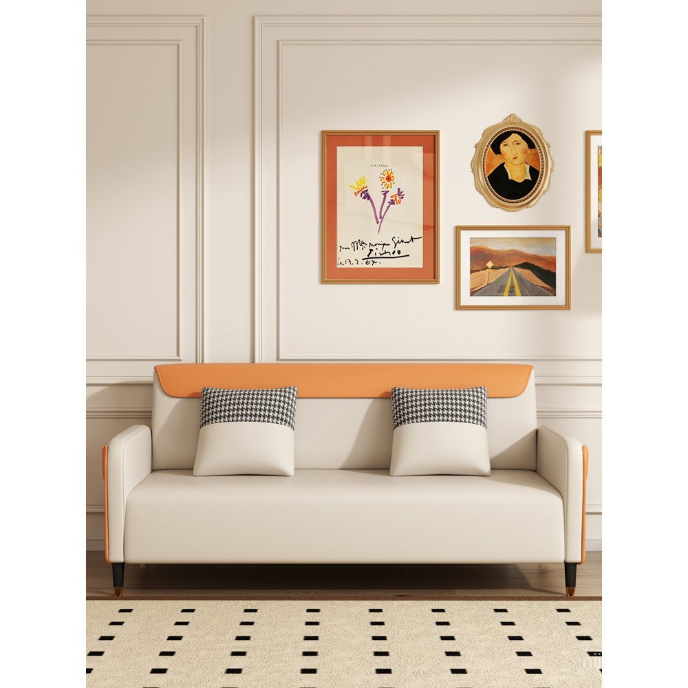 บ้านสองสามคนแมวรอยขีดข่วนร้านขายเสื้อผ้าพาร์ทเมนท์ขนาดเล็กหนังโซฟา ผู้มีอิทธิพล ห้องนั่งเล่นที่เรียบ