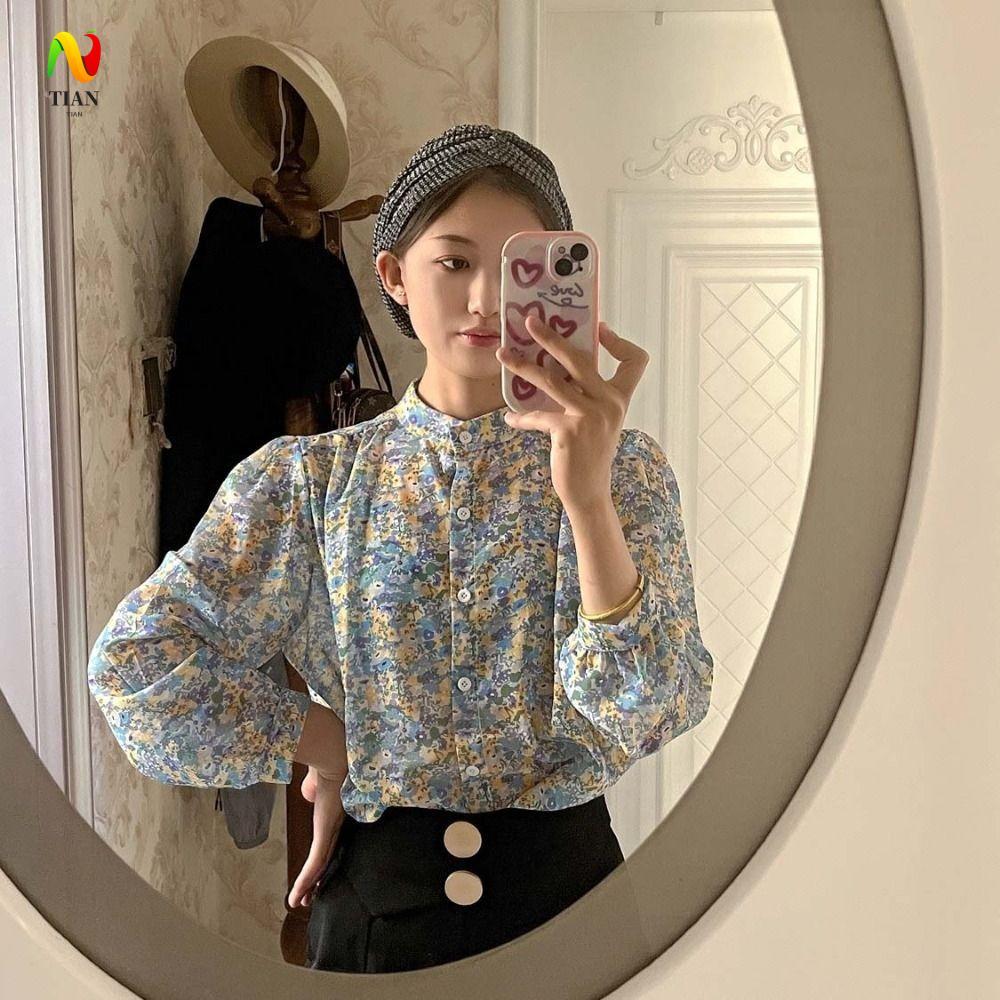 INQUIRY IMPACT เสื้อดอกไม้หวาน,รอบคอแขนยาวชีฟองดอกไม้เสื้อ,หวานหลวมInsเสื้อชีฟองผู้หญิงStreatwear