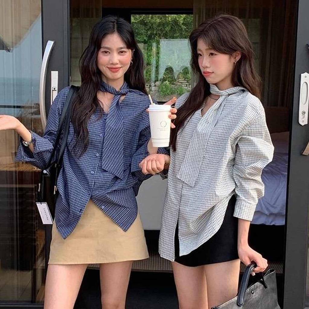 ohho#เสื้อเชิ้ตลายสก็อตสไตล์เกาหลีแบบติดกระดุมและผูกริบบิ้น สไตล์เรโทร เสื้อลำลองทรงหลวมอเนกประสงค์สำหรับผู้หญิง 99302
