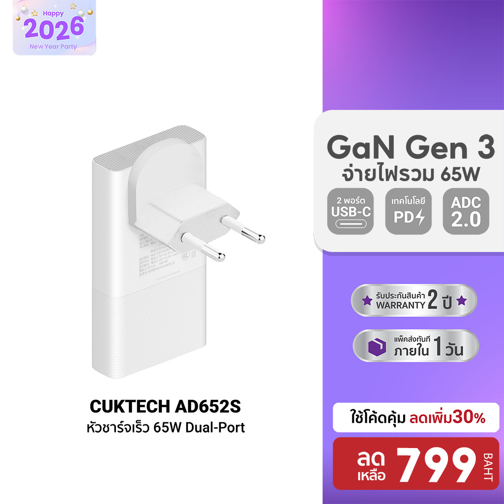 [ลดเหลือ 799] CUKTECH GaN3 AD652S 65W หัวชาร์จ USB-C 2 พอร์ต รองรับ PD3.0 ,PPS,QC -2Y