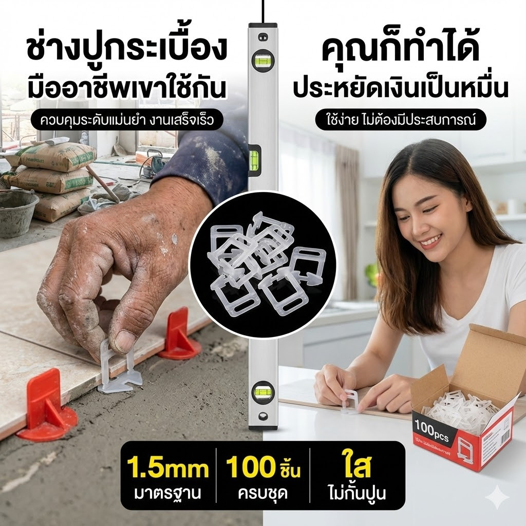 สายปรับระดับกระเบื้อง (100ชิ้น/ถุง) คลิปปรับระดับ มีครบ 1.0-3.0มม. ตัวช่วยปูพื้นเรียบ งานเนี๊ยบ
