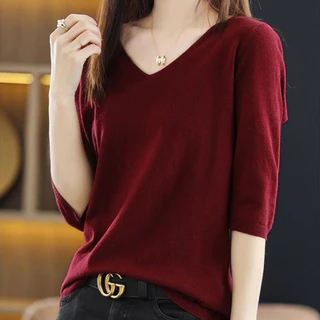 เสื้อกันหนาวถักสำหรับผู้หญิง สไตล์เกาหลี คอวี สวมสบาย