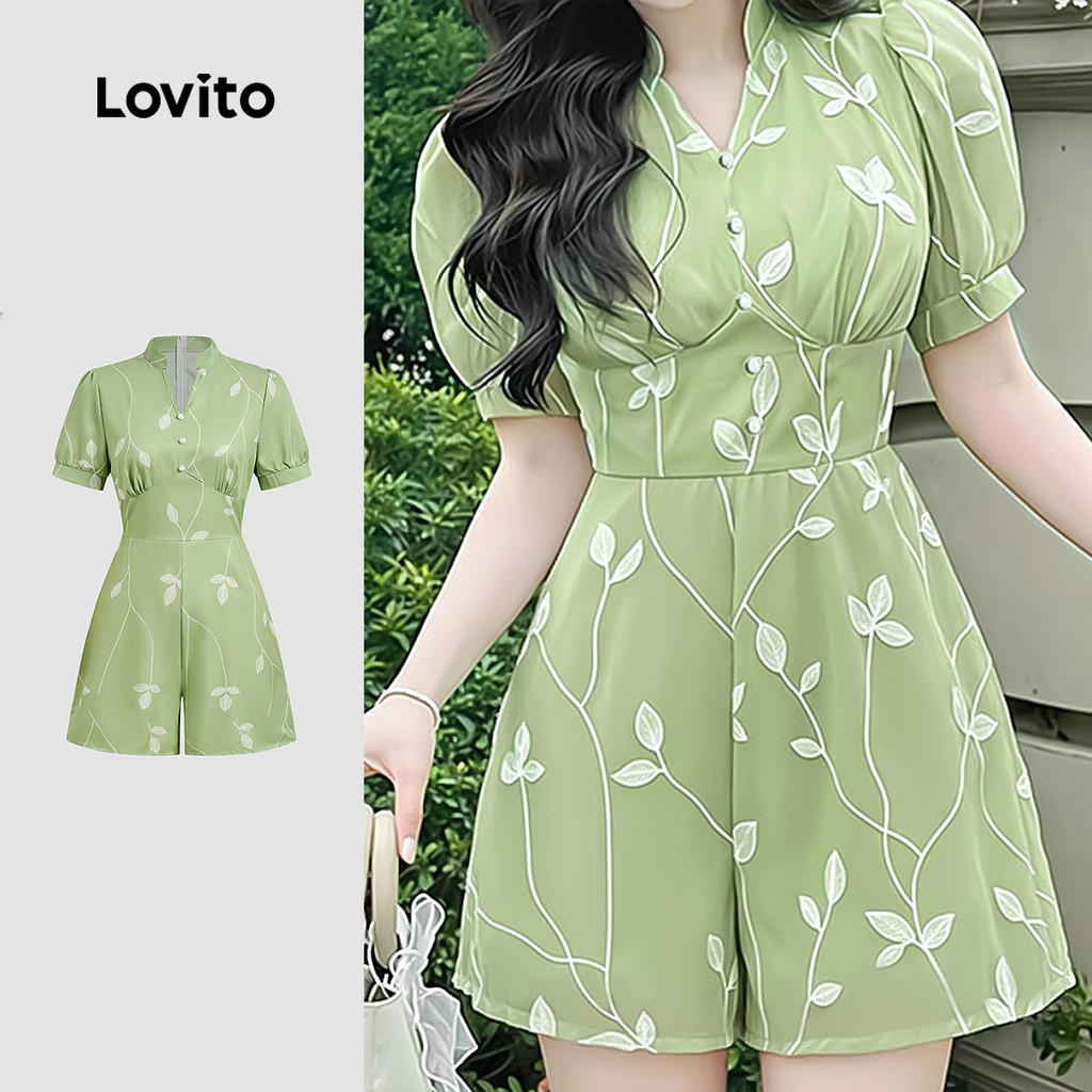 Lovito จั๊มสูทลําลองซิปสีเขียวสําหรับผู้หญิง ฤดูใบไม้ผลิ/ฤดูร้อน L171ED257
