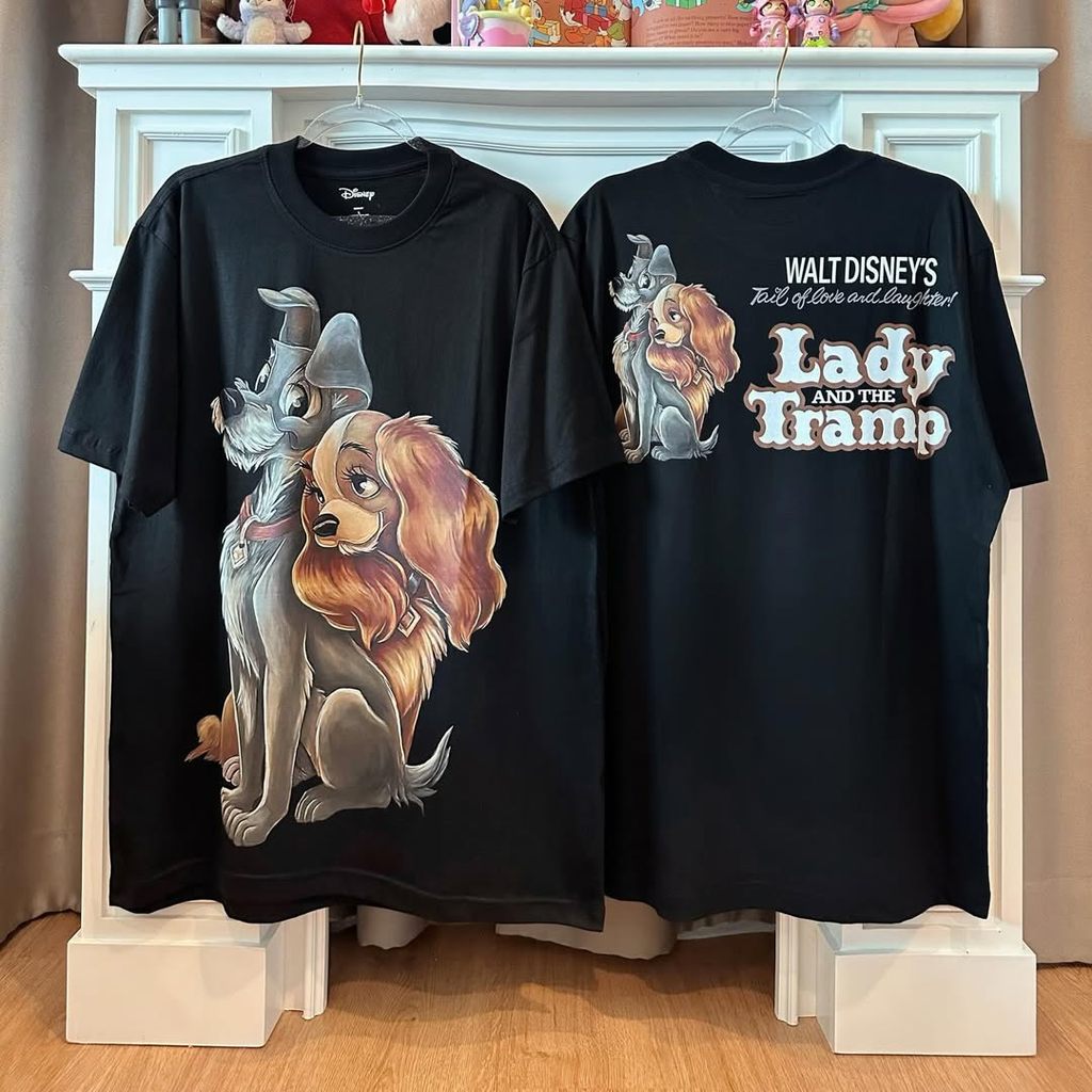 เสื้อยืดแฟชั่นเกาหลีสำหรับผู้หญิง ทำจากคอตตอน 100% คอวงกลม ทรงหลวม พร้อมลายพิมพ์ lady and the tramp น่ารัก