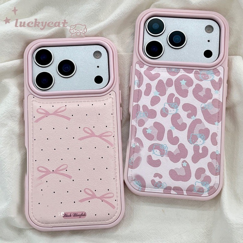 Insสีชมพูโบว์สีชมพูเสือดาวพิมพ์เคสโทรศัพท์สําหรับiPhone 17 16 15 14 13 12 11 Pro Max X Xr Xs Max 7 8 Plus SE2020