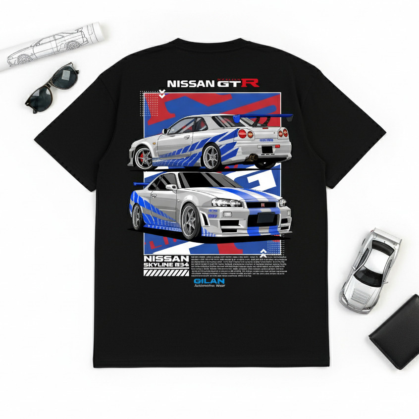 Nissan Skyline R34 GTR 2 Fast 2 Furious เสื้อยืด - JDM Brian OConner เสื้อผ้าฝ้ายหวี 30s วัสดุ Unise