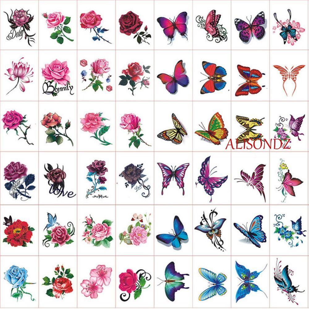 สติกเกอร์ลาย temporary tattoo อัลซันดิซ ขนาด 5/10/20/30/50 ชิ้น แบบ water-resistant มีลาย floral และ butterfly designs สำหรับสร้างสรรค์ body art เป็น gift set