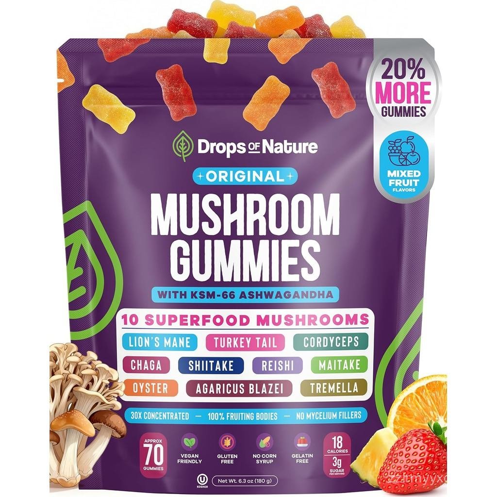Drops Of Nature Mushroom Gummies 10-in-1 with KSM-66 Ashwagandha – Lions Mane Turkey Tail Cordyceps 