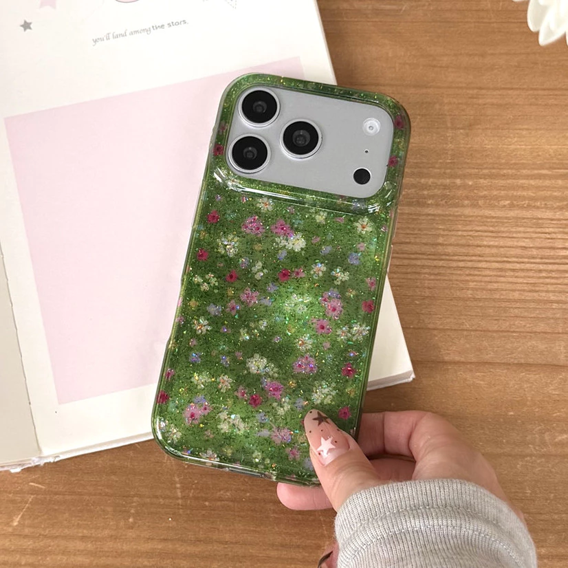 สําหรับIphone Case 17 Pro Max 16 Pro Max 15 Pro Maxสีเขียวสีชมพูสีม่วงดอกไม้เคสโทรศัพท์