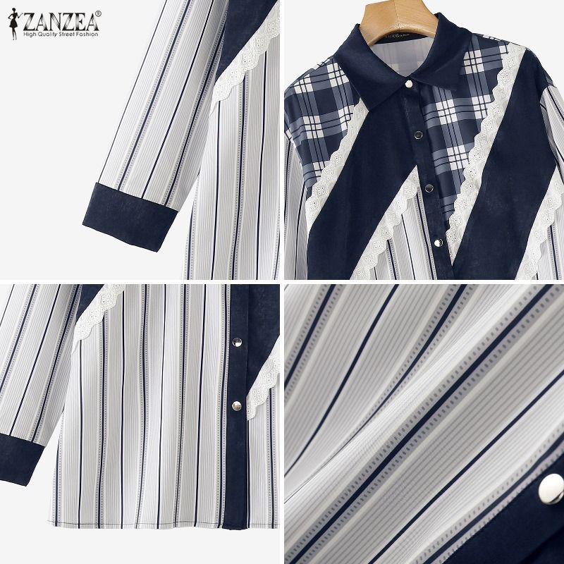 ZANZEA เสื้อแขนยาวสไตล์เกาหลี ดีไซน์ลายสก๊อตและลูกไม้ สไตล์หลวม ๆ — صورة 8