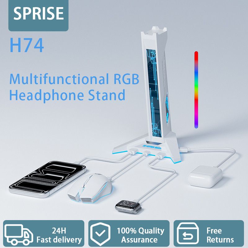 SPRISE ขาตั้งหูฟังสําหรับเล่นเกม LED ไฟหายใจคอมพิวเตอร์เดสก์ท็อปจอแสดงผล USB HUB พอร์ตสําหรับพีซี 9 สีอ่อน 4 พอร์ต