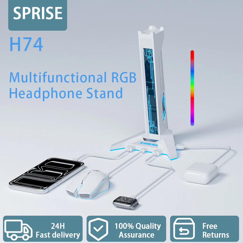 SPRISE ขาตั้งหูฟังสําหรับเล่นเกม LED ไฟหายใจคอมพิวเตอร์เดสก์ท็อปจอแสดงผล USB HUB พอร์ตสําหรับพีซี 9 สีอ่อน 4 พอร์ต
