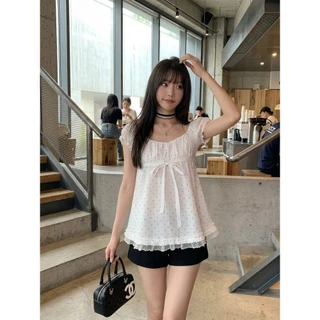 [Grojoy] (คลังสินค้าพร้อม) เสื้อผ้าสุภาพสตรี 2026 ฤดูร้อนสไตล์ใหม่แฟชั่นหลวม Polka Dot ลูกไม้พัฟแขนแขนสั้นด้านบน A0043 #