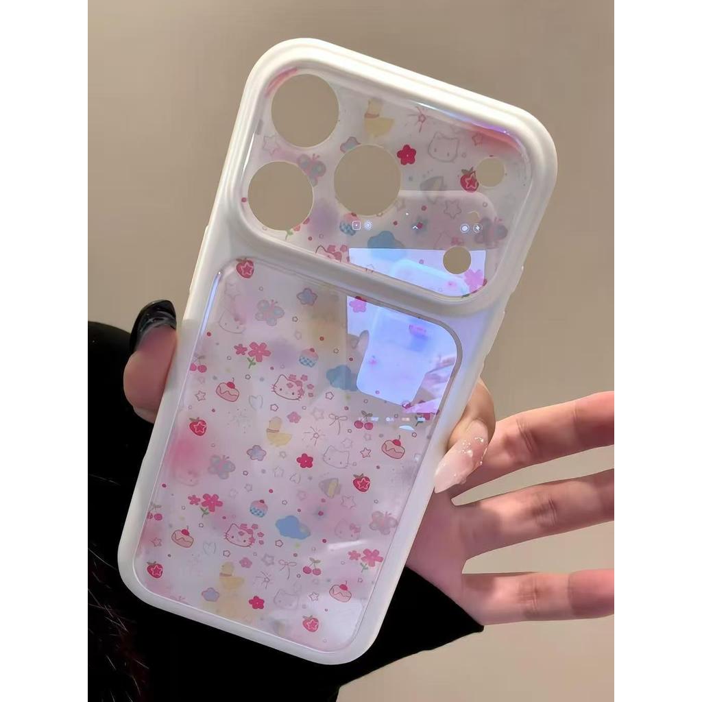 เคสโทรศัพท์ซิลิโคนเหลว ลายคิตตี้สีชมพู เหมาะสําหรับ ไอโฟน 13 14 15 16 17โปรแม็กซ์ กันกระแทกป้องกันกรณีหน้าต่างขนาดใหญ่แก้วมูลค่าสูง