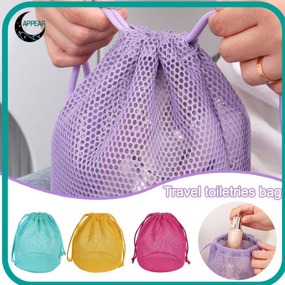 กระเป๋าเครื่องสําอาง APPEAR, กระเป๋าเก็บสี Dopamine Drawstring, กระเป๋าอุปกรณ์อาบน้ําขี้เกียจตาข่ายความจุขนาดใหญ่
