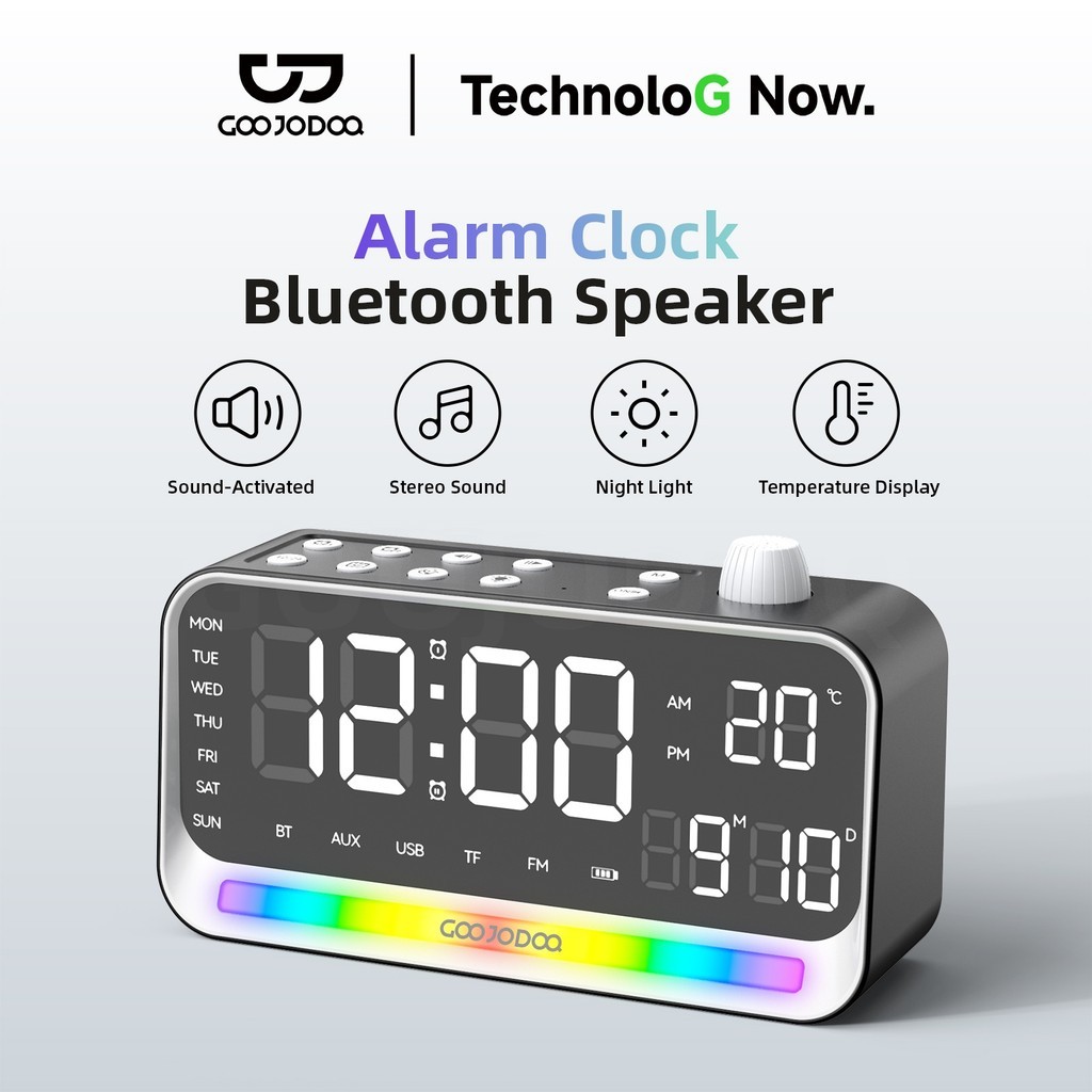GOOJODOQ Alarm Clock Bluetooth Speaker Sound-Activated Display 4 Playback Modes and FM Radio Long-Lasting Battery