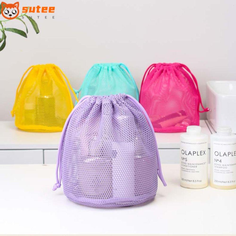 กระเป๋าเครื่องสําอาง SUTEE, กระเป๋าเก็บความจุขนาดใหญ่สี Dopamine, กระเป๋าใส่อุปกรณ์อาบน้ําขี้เกียจแบบมีเชือกรูดตาข่าย