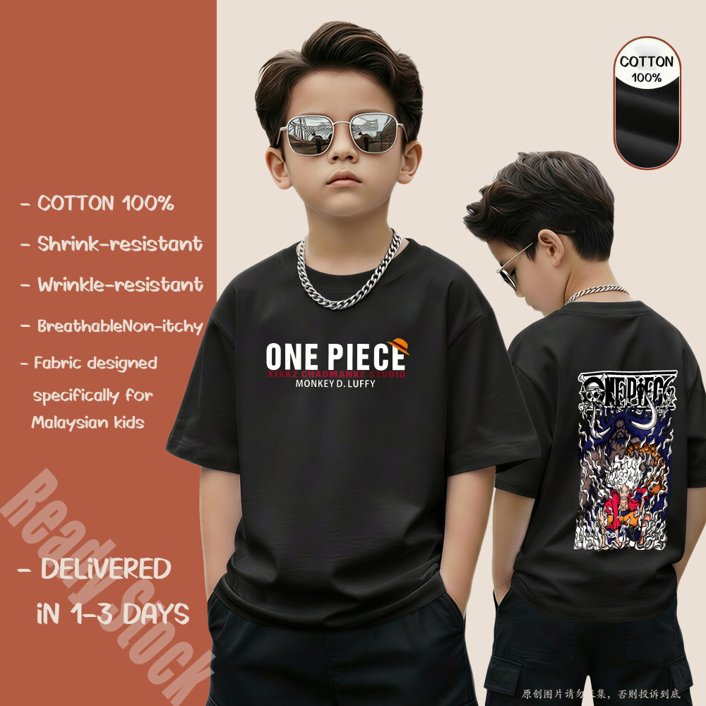 One Piece Luffyการ์ตูนพิมพ์Tshirt Budak Lelaki 100%ผ้าฝ้ายแขนสั้นลูกเรือคอTshirt