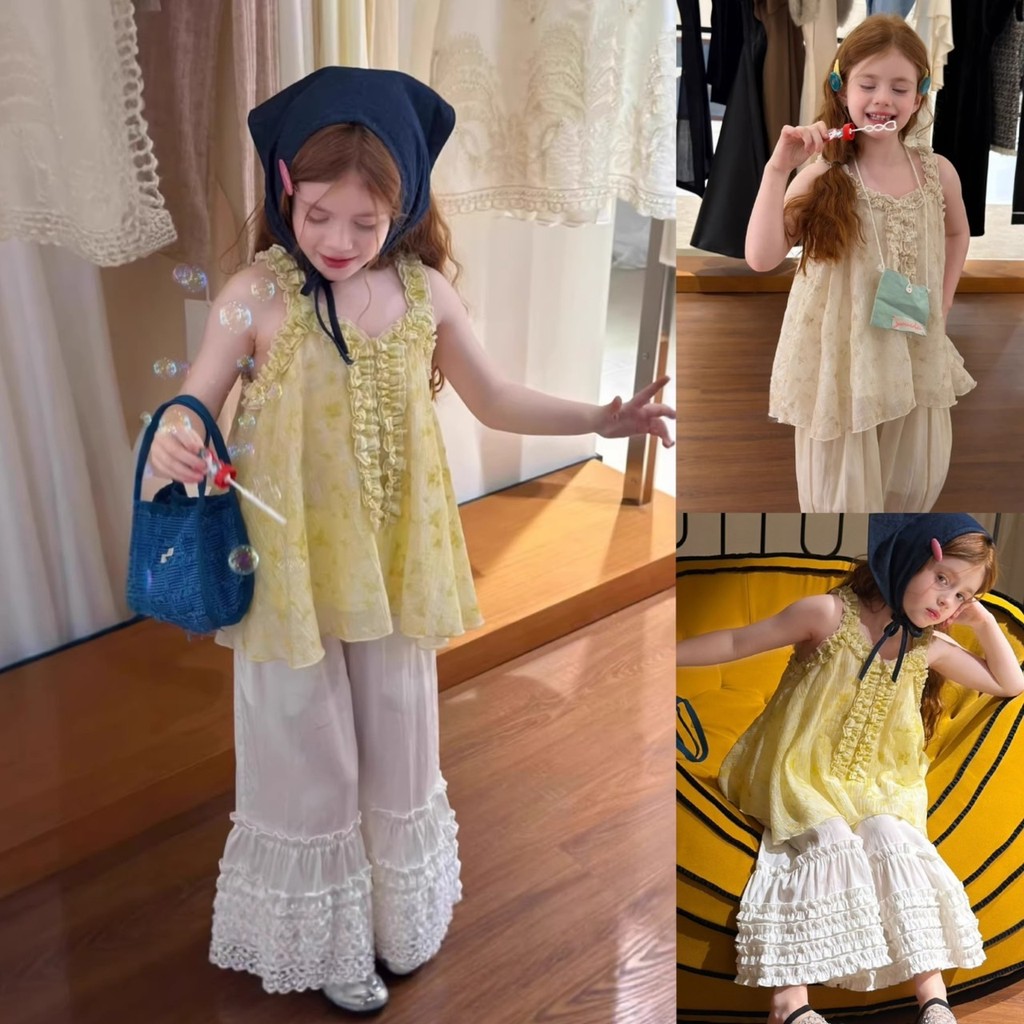 PRETTY BABY เสื้อเด็ก เสื้อสายเดี่ยว ทรงปีกผีเสื้อ กางเกงขายาวเด็ก กางเกงขาระบาย(2139)
