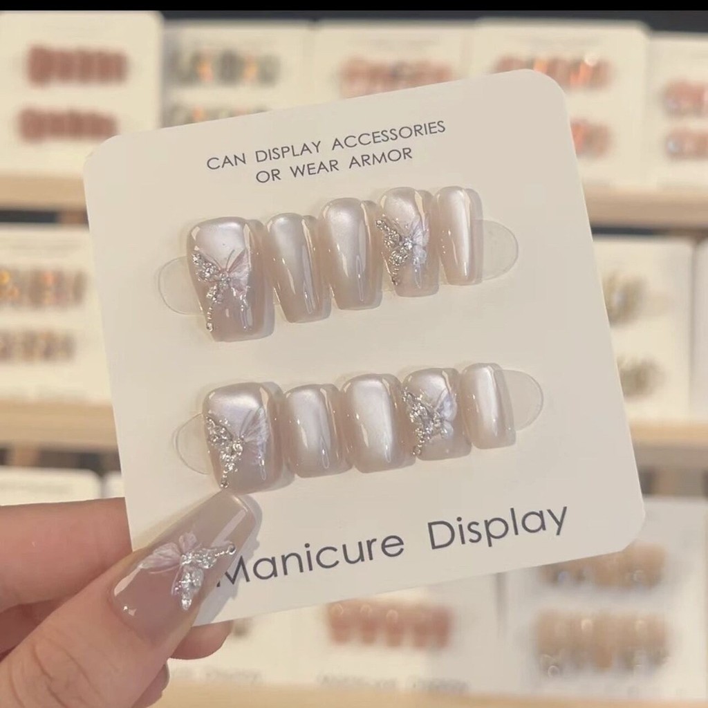 Shangchunshan Handmade Cats Eye Phototherapy ทําเล็บมือทําด้วยมือสวมใส่เล็บไวท์เทนนิ่งเล็บสั้นผลิตภั