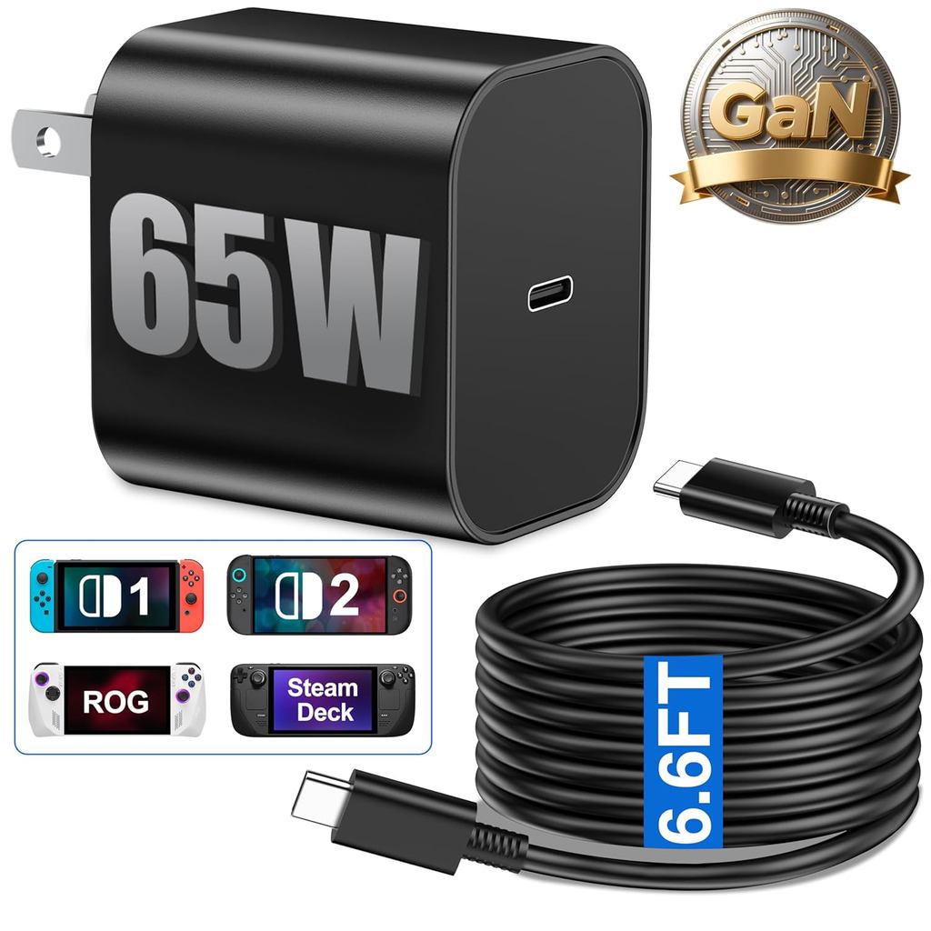 65W Switch 2 Charger - GaN3 AC Power Adapter สําหรับ Nintendo Switch/OLED/Lite & Steam Deck/OLED, 6.