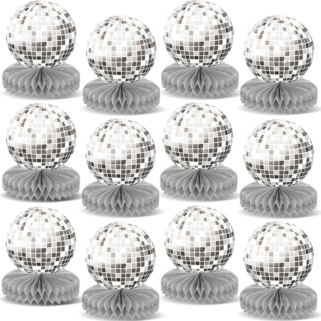 12PCS Prom Silver Disco Theme Party Honeycomb Centerpieces 70s วันเกิดตกแต่ง Disco ตาราง Toppers Dis
