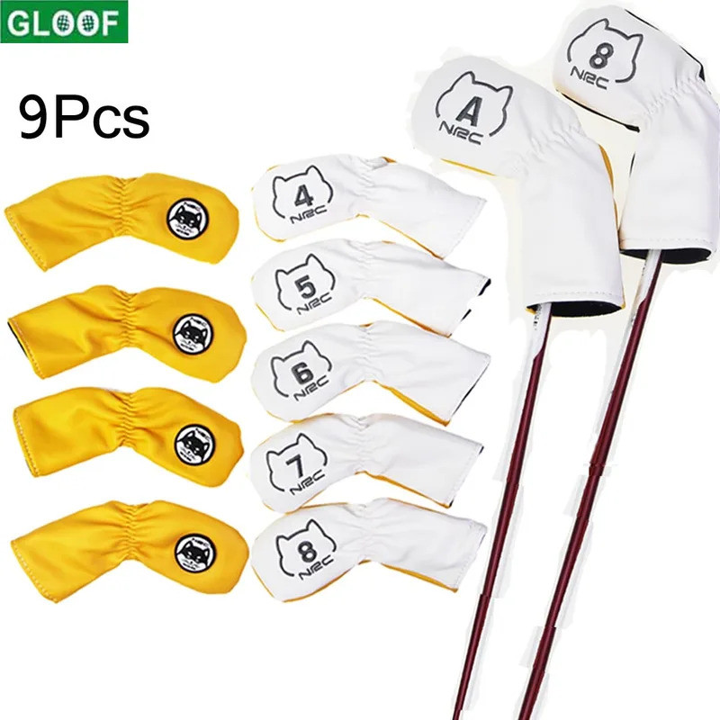 9Pcs/Set Golf Iron Head Covers Long Neck Golf Club Protector Leather with Number Tag fit for All Bra