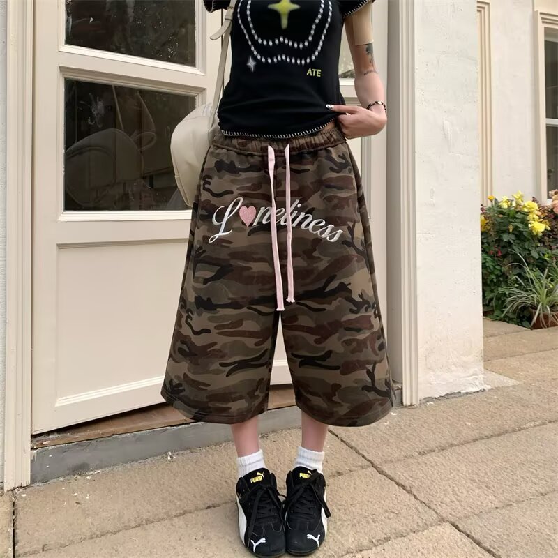 EERSHENSHHI Summer Retro Love Letter Print Loose Wide Leg Cropped Pants - รูปที่ 2