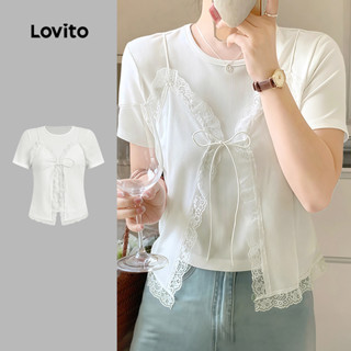 Lovito เสื้อยืดลําลองสําหรับผู้หญิง สีขาว ดีไซน์สองชั้นผูกเช…