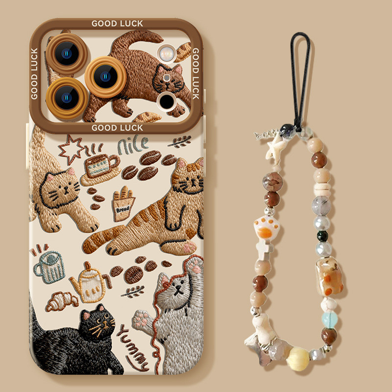 [จัดส่งด่วน] ลูกแมวกาแฟเหมาะสําหรับ Apple 17promax Soft iPhone16 Retro 13 น่ารัก 12 โซ่แขวนเคสโทรศัพท์อากาศ