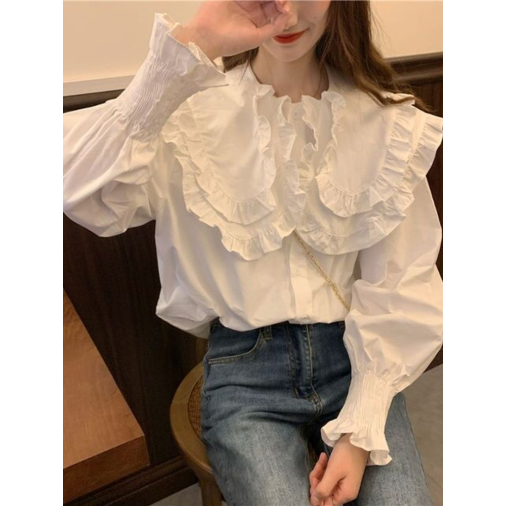 เสื้อแขนยาวผู้หญิง สไตล์ฤดูใบไม้ร่วง คอปก ดีไซน์สวยงาม มีลายดอกไม้ ทรงเพรียวบาง สีขาว BLC20251224