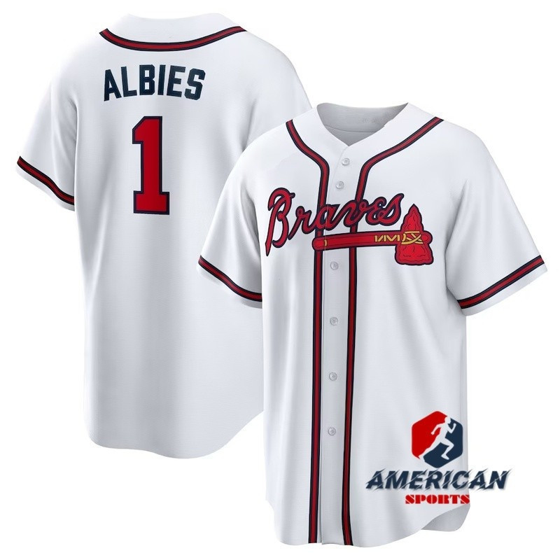 เสื้อเบสบอล MLB Atlanta Braves Ozzie Albies สําหรับผู้ชายสีแดง