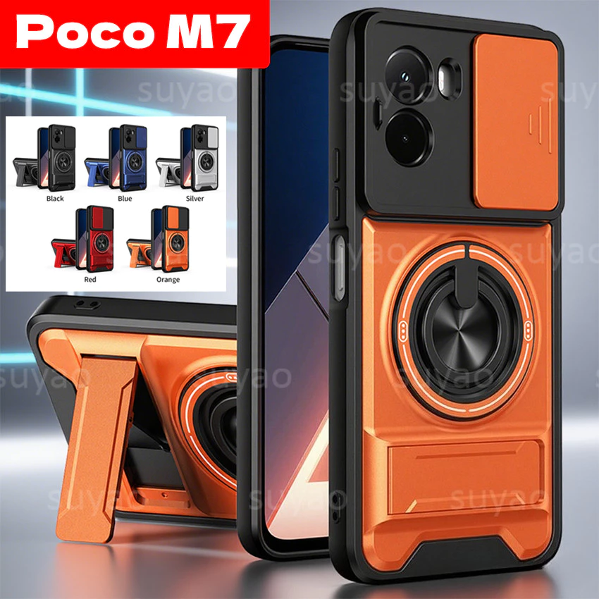 สําหรับ Xiaomi Poco M7 M6 M8 Pro M8Pro 2025 เคสโทรศัพท์กล้องเลนส์เลื่อนหน้าต่างผู้ถือปลอก PocoM7 Pro X7 Pro X6 X6Pro PocoX7Pro แหวนแม่เหล็กวงเล็บคู่กันกระแทกปกหลัง