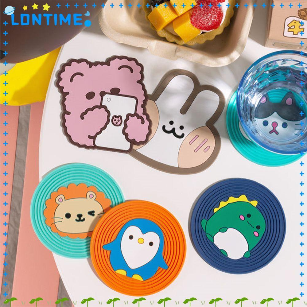 LONTIME ที่รองแก้วซิลิโคน ฝาครอบแก้วการ์ตูน แผ่นฉนวน น่ารัก แผ่นรองจานทนความร้อนทนทาน