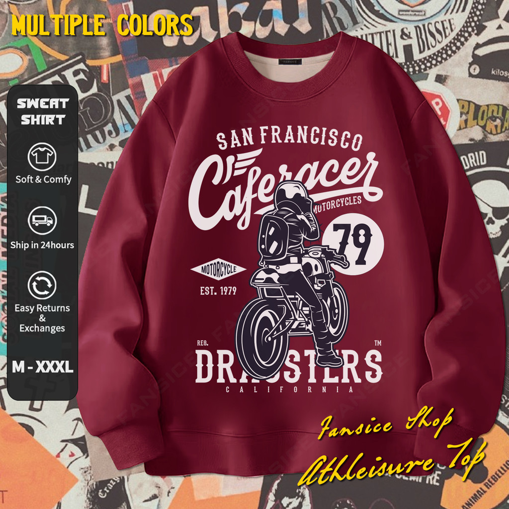 สเวตเสื้อสีบาร์เบอร์รี ลายมอเตอร์ไซค์ San Francisco Cafe Racer 79 สไตล์วินเทจ EST.1979 ทนทาน สบายใส่