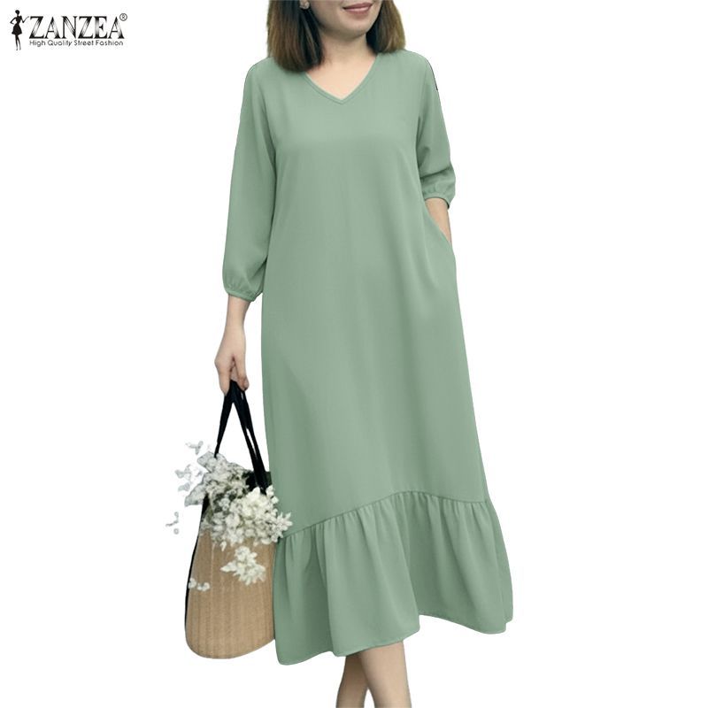 ZANZEA ชุดเดรสแฟชั่นเกาหลี แข็งคอกวี แขน 3/4 มีกระเป๋า สำหรับผู้หญิง