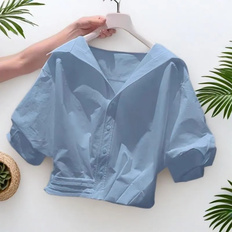 เสื้อเชิ้ตปกสั้นหลวมผู้หญิงฤดูร้อนสไตล์ขี้เกียจทุกการแข่งขันด้านบน