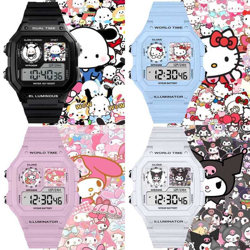 Hello Kitty Melody Kuromi Sanrio นาฬิกานักเรียนนาฬิกาอิเล็กทรอนิกส์สี่เหลี่ยมเล็กพร้อมนาฬิกาปลุก Chronograph Luminous ประณีตของขวัญ
