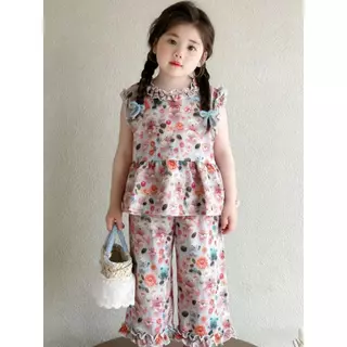 DY06 [รุ่นใหม่ ] ชุดเด็กผู้หญิงฤดูร้อน เสื้อกล้าม+กางเกงขายาว ลายดอกไม้หมีน้อย น่ารักสดใส ผ้าบางเบา